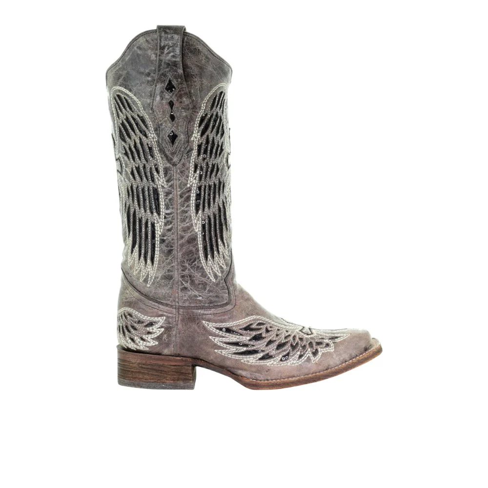 Wings Tooled-Inlay Pull On Square Toe Cowboy Boots