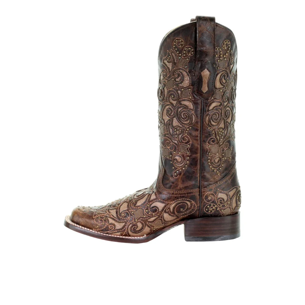 Embroidered Tooled-Inlay Pull On Square Toe Cowboy Boots - Image 4