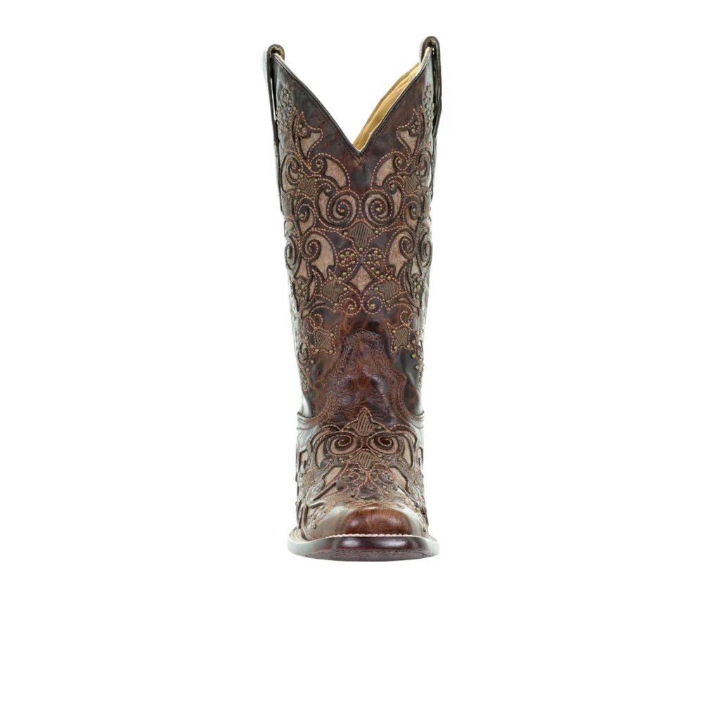 Embroidered Tooled-Inlay Pull On Square Toe Cowboy Boots - Image 5