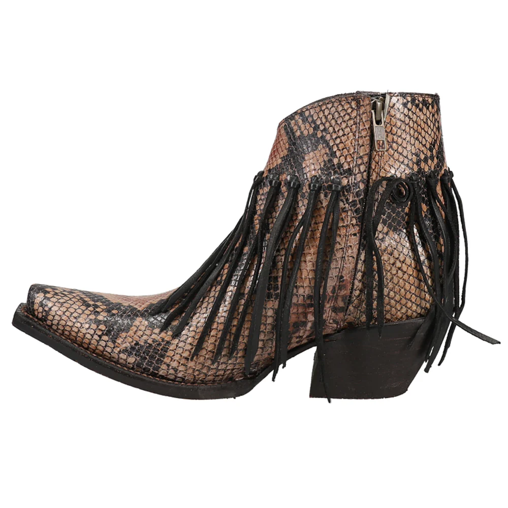 Anahi Fringe Snake Print Snip Toe Zippered Cowboy Booties - Image 3