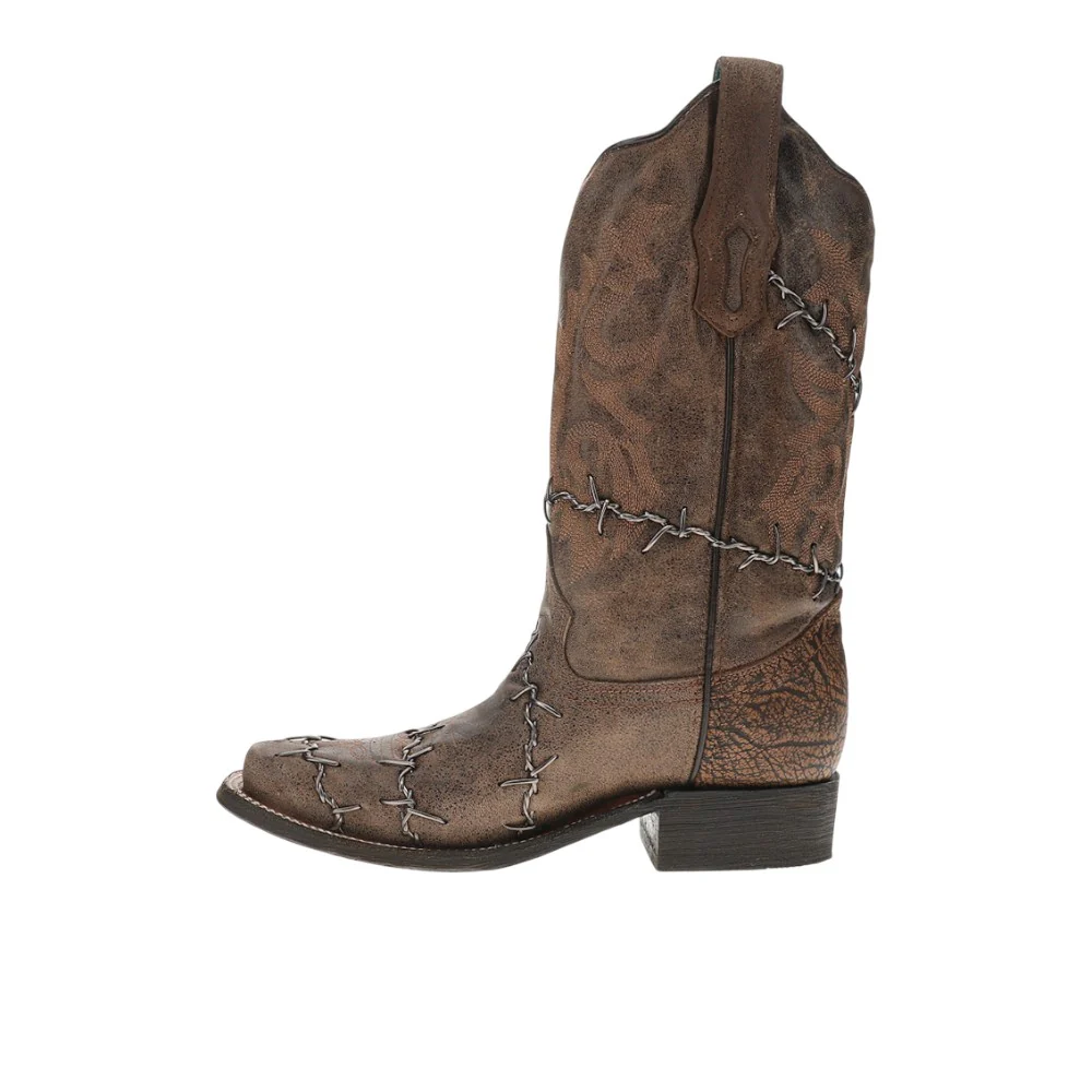 Brown Woven Barbed Wire Rodeo Square Toe Pull On Cowboy Boots - Image 3