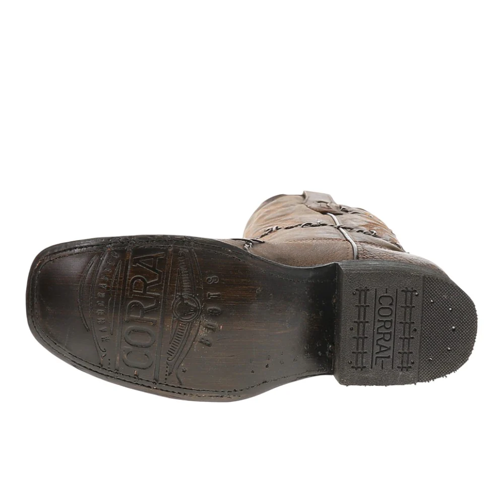 Brown Woven Barbed Wire Rodeo Square Toe Pull On Cowboy Boots - Image 5