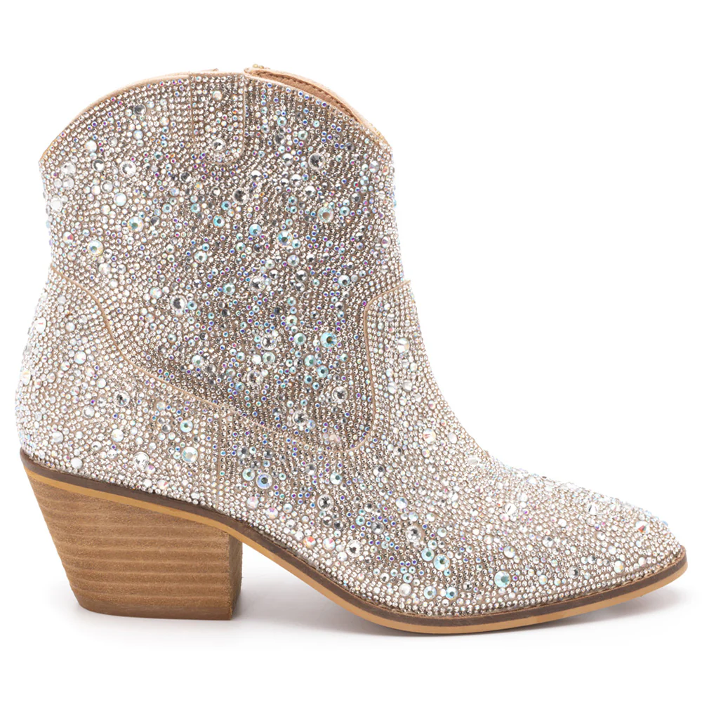 Shine Bright Rhinestone Pull On Round Toe Zippered Booties
