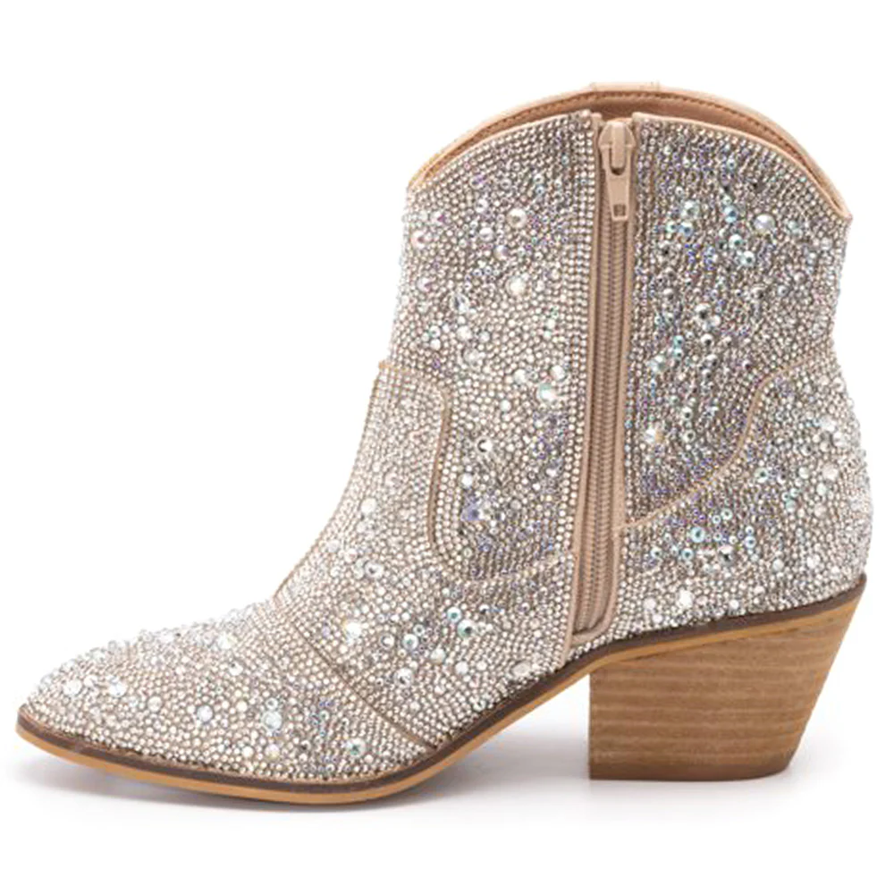Shine Bright Rhinestone Pull On Round Toe Zippered Booties - Image 3