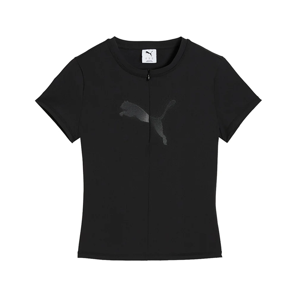 Dare To Slim Warp Knit Graphic Crew Neck Half Zip T-Shirt