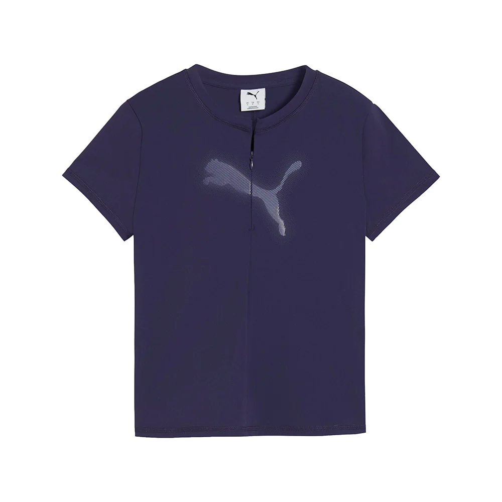 Dare To Slim Warp Knit Graphic Crew Neck Half Zip T-Shirt
