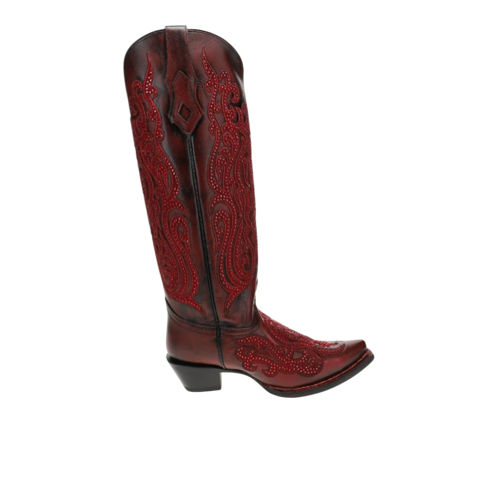 Embroidered Crystals Tall Snip Toe Pull On Cowboy Boots