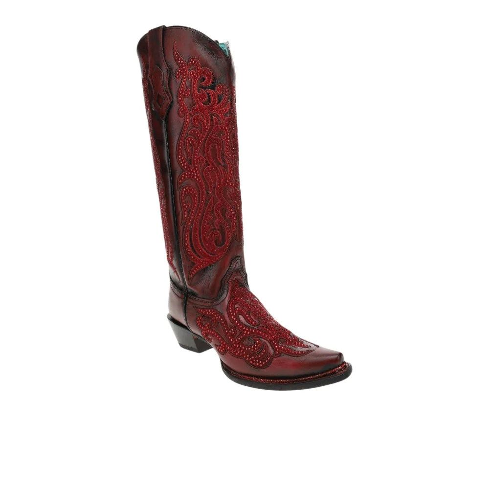 Embroidered Crystals Tall Snip Toe Pull On Cowboy Boots - Image 2
