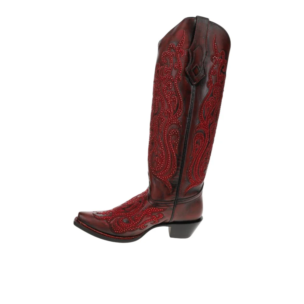 Embroidered Crystals Tall Snip Toe Pull On Cowboy Boots - Image 3