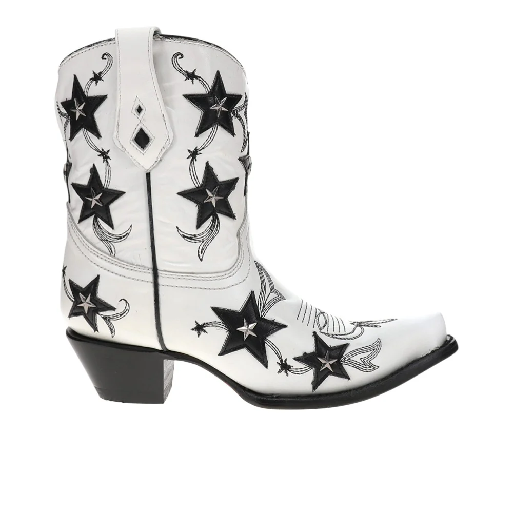 Embroidered Stars Overlay Studs Ankle Snip Toe Pull On Cowboy Booties