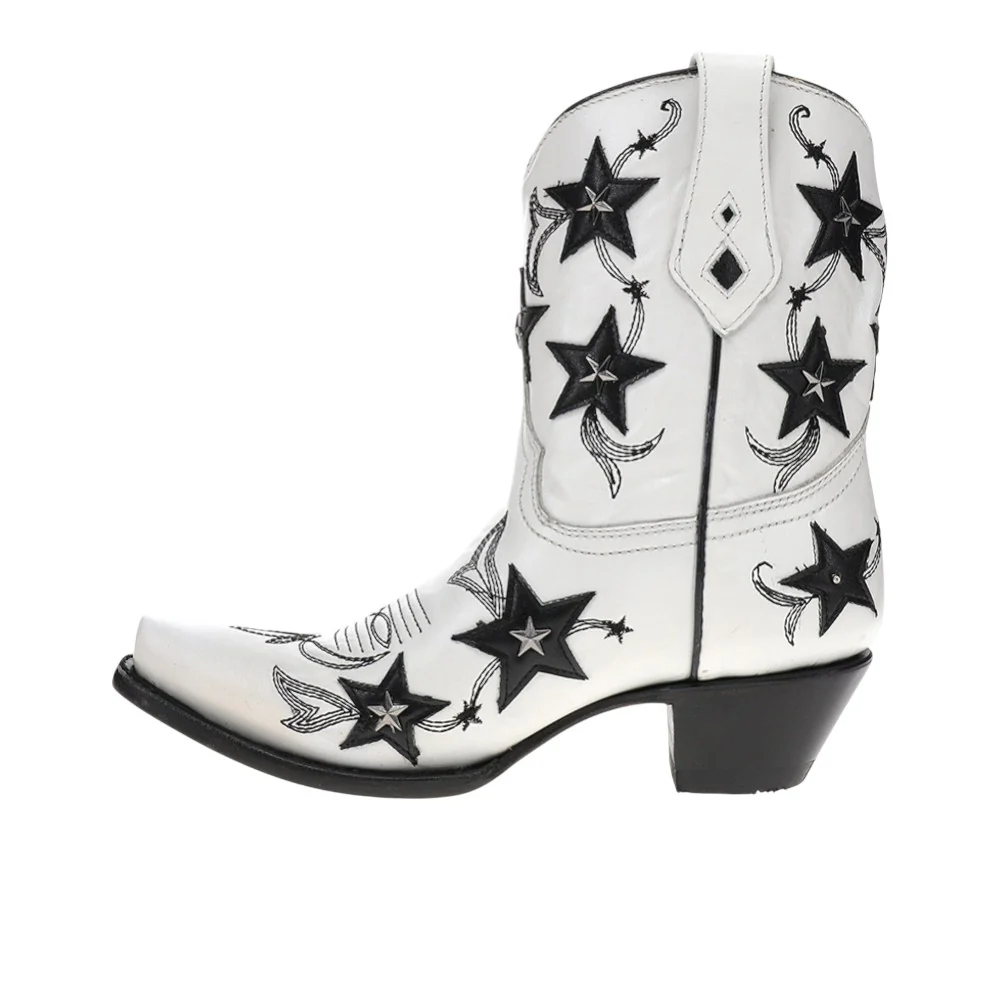 Embroidered Stars Overlay Studs Ankle Snip Toe Pull On Cowboy Booties - Image 3