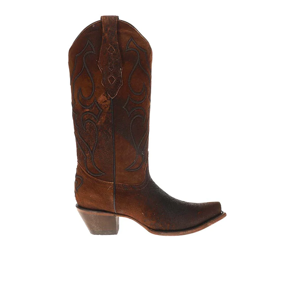 Embroidered Brown Lamb Snip Toe Pull On Cowboy Boots