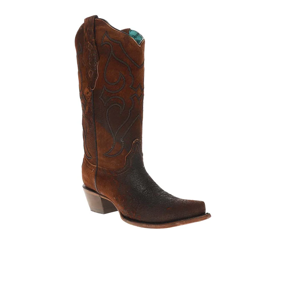 Embroidered Brown Lamb Snip Toe Pull On Cowboy Boots - Image 2