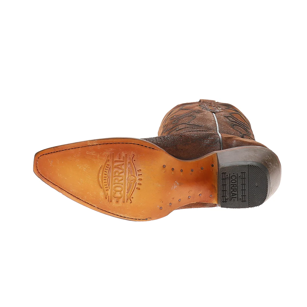 Embroidered Brown Lamb Snip Toe Pull On Cowboy Boots - Image 5