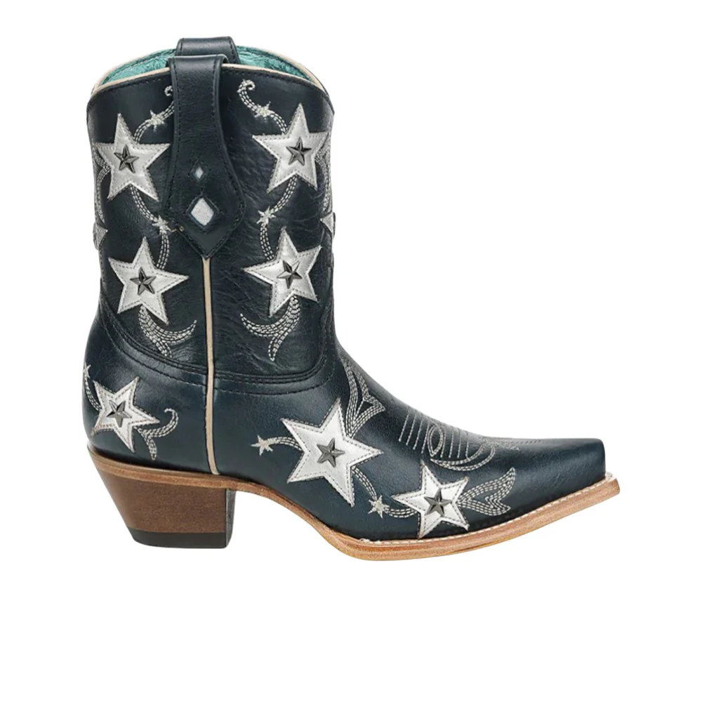 Embroidered Stars Overlay Studs Ankle Snip Toe Pull On Cowboy Booties