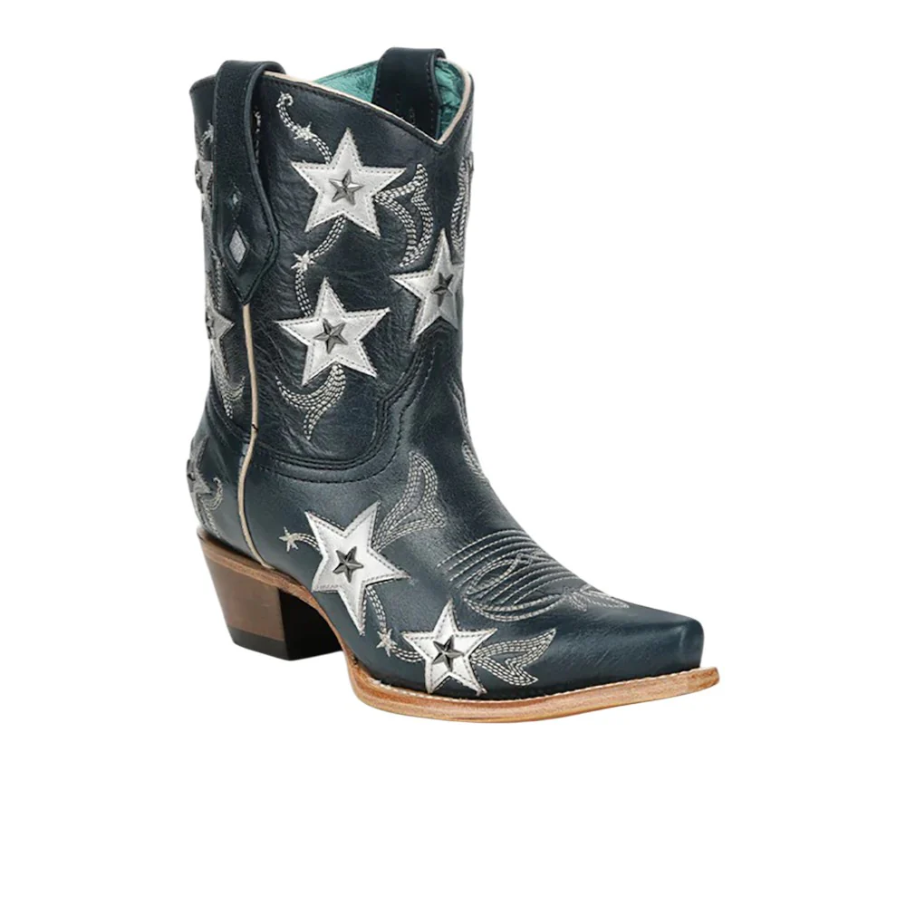 Embroidered Stars Overlay Studs Ankle Snip Toe Pull On Cowboy Booties - Image 2