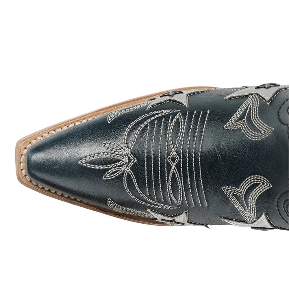Embroidered Stars Overlay Studs Ankle Snip Toe Pull On Cowboy Booties - Image 3