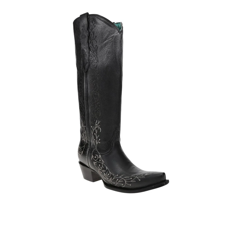 Floral Embroidered Tall Top Snip Toe Pull On Cowboy Boots - Image 2