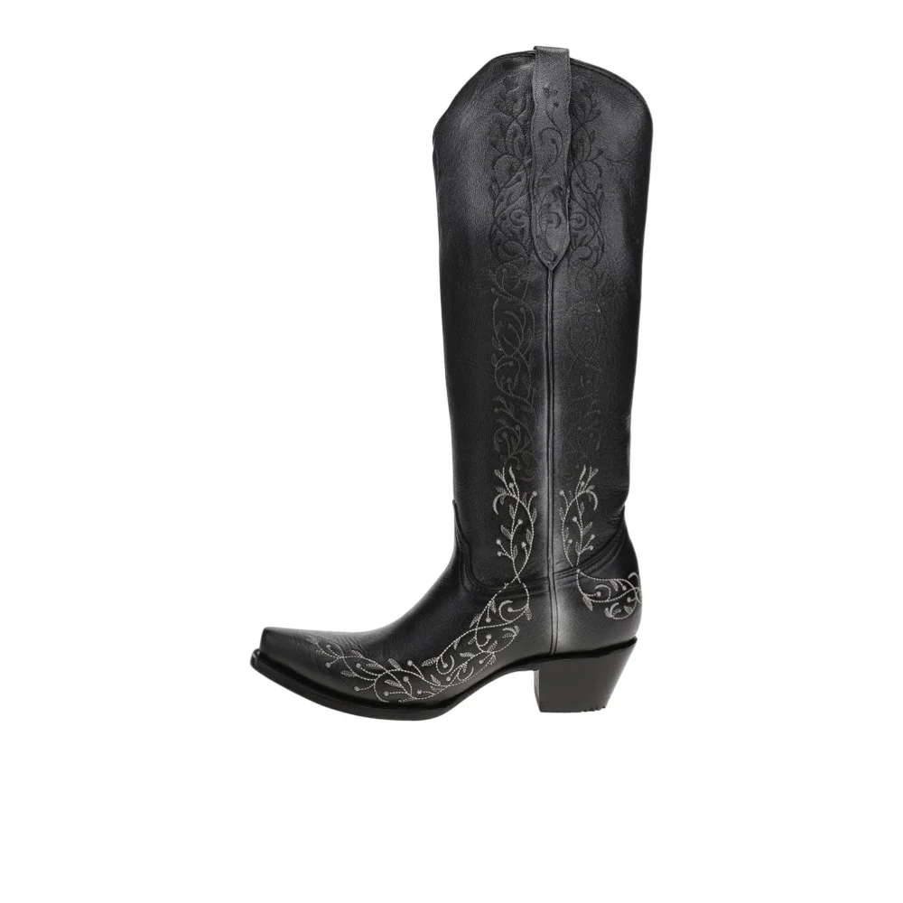 Floral Embroidered Tall Top Snip Toe Pull On Cowboy Boots - Image 3
