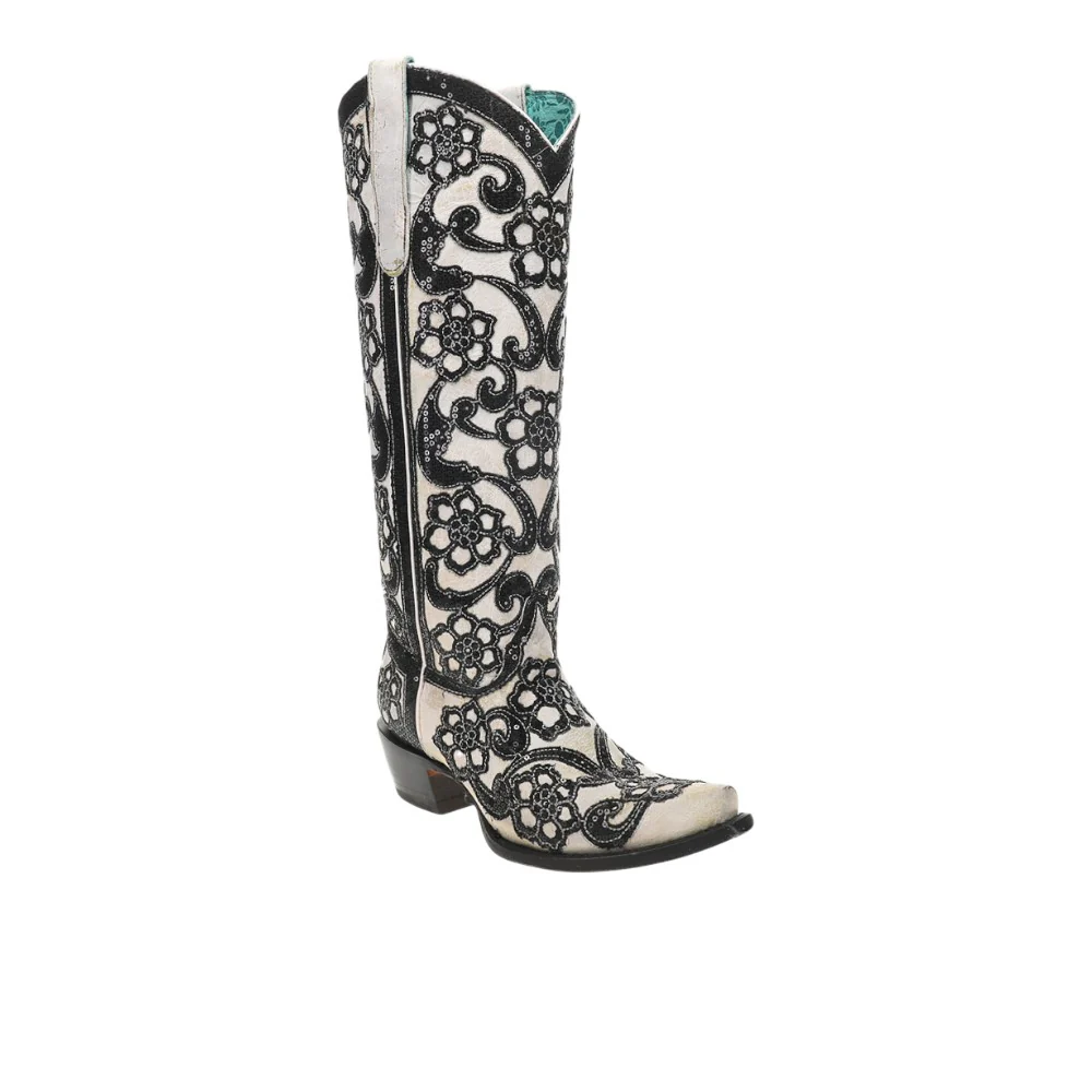 Floral Sequin Overlay Embroidered Tall Snip Toe Pull On Cowboy Boots - Image 2