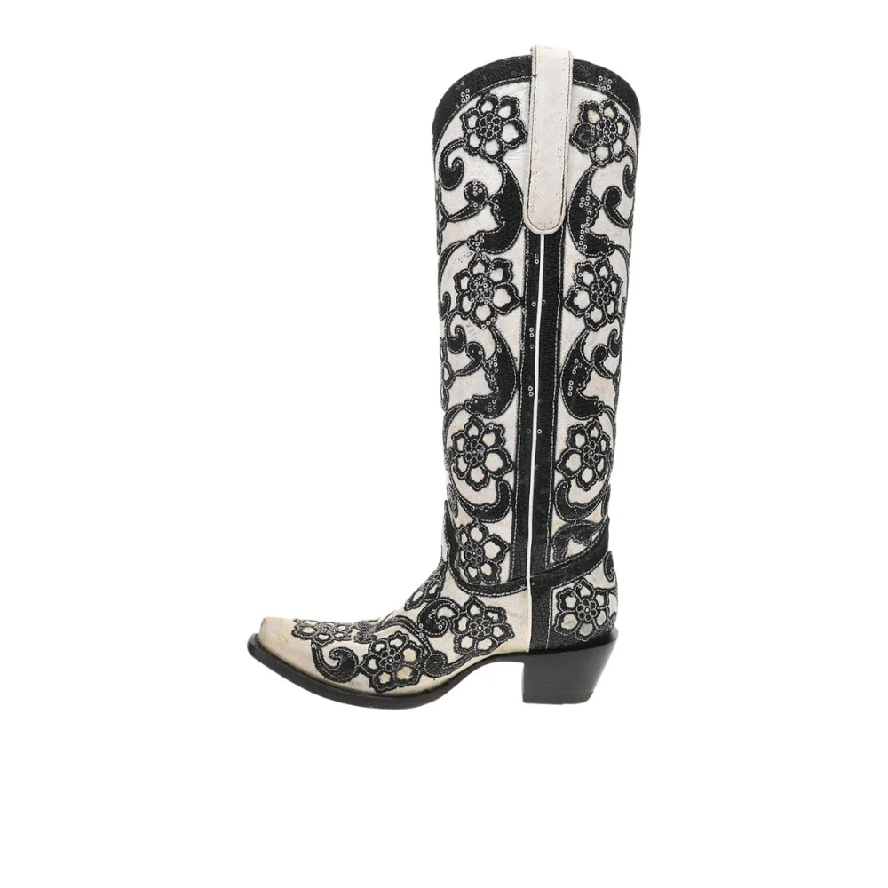 Floral Sequin Overlay Embroidered Tall Snip Toe Pull On Cowboy Boots - Image 3