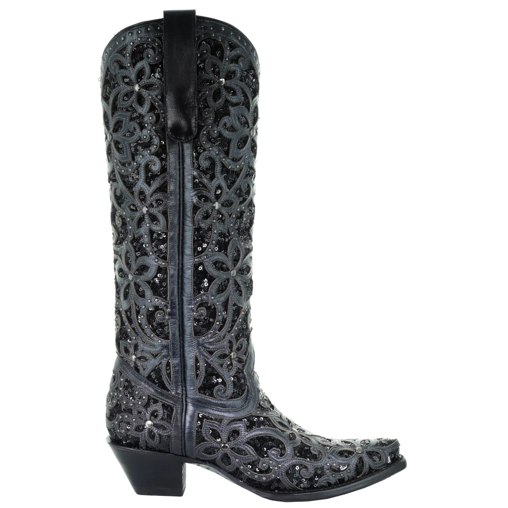 Floral Studded Rhinestones Sequins Tooled Inlay Snip Toe Cowboy Boots