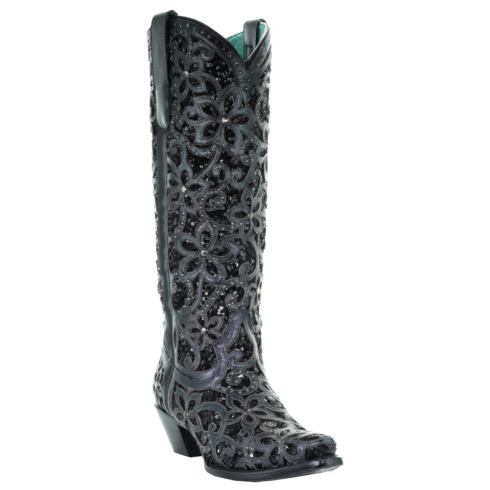 Floral Studded Rhinestones Sequins Tooled Inlay Snip Toe Cowboy Boots - Image 2