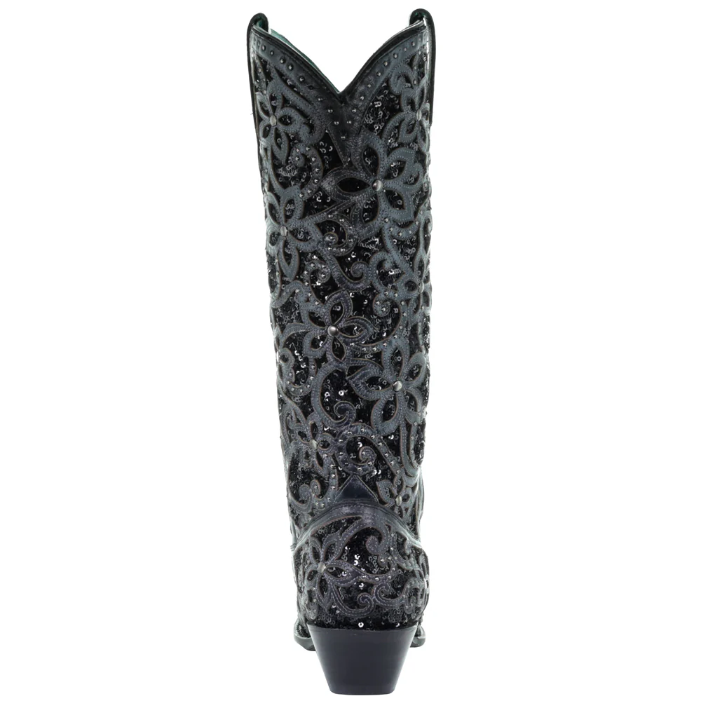 Floral Studded Rhinestones Sequins Tooled Inlay Snip Toe Cowboy Boots - Image 3