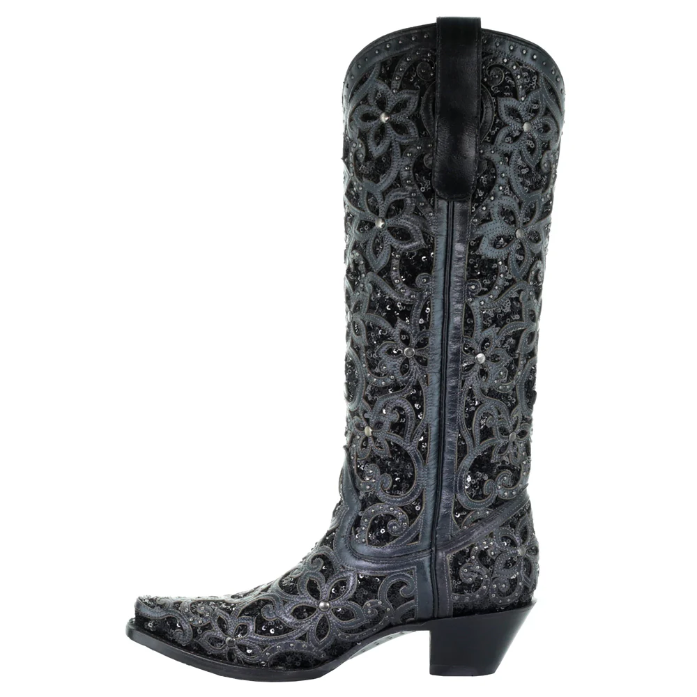 Floral Studded Rhinestones Sequins Tooled Inlay Snip Toe Cowboy Boots - Image 4