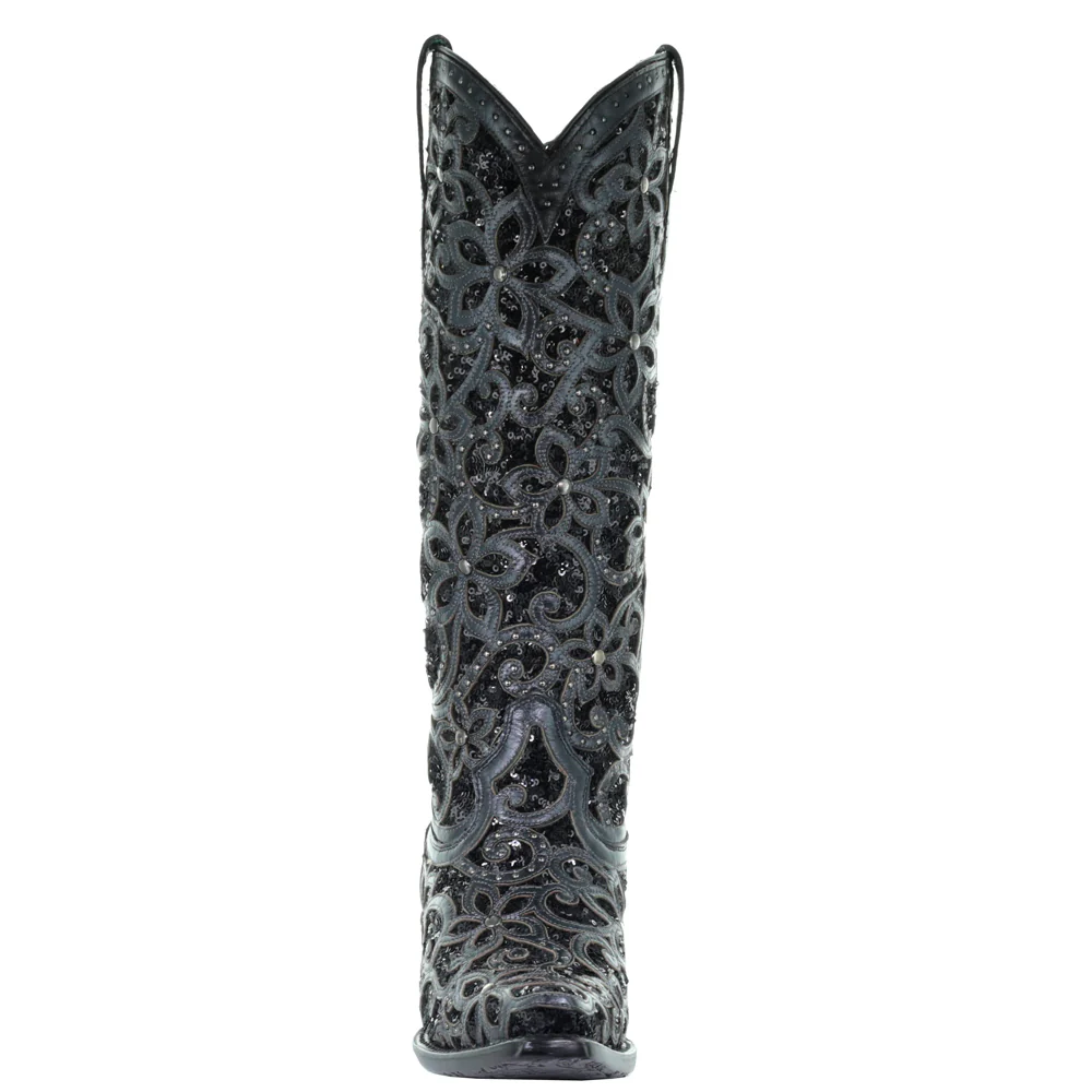 Floral Studded Rhinestones Sequins Tooled Inlay Snip Toe Cowboy Boots - Image 5