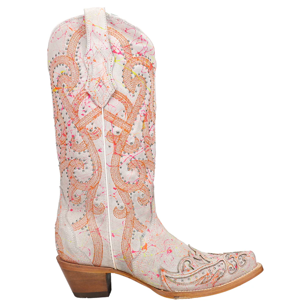 Fluorescent Embroidered Tooled-Inlay Studded Snip Toe Pull On Cowboy Boots