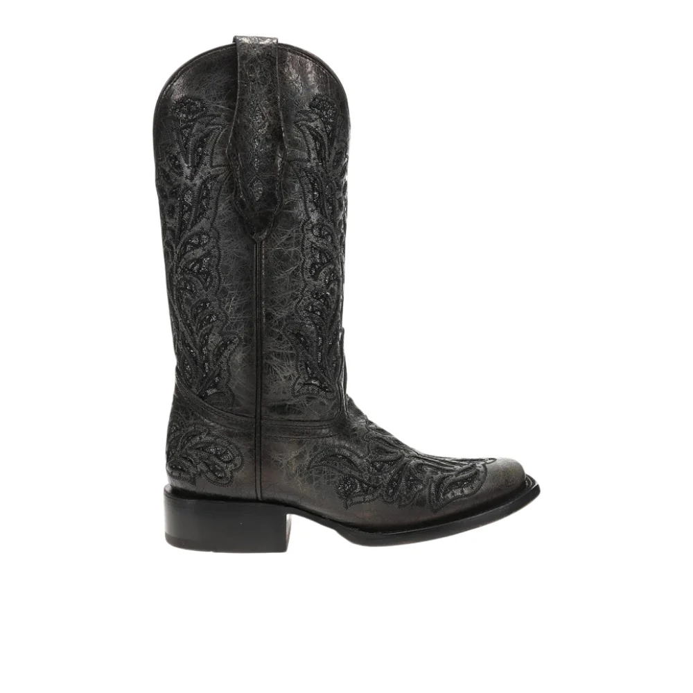 Glitter Inlay Embroidered Square Toe Pull On Cowboy Boots