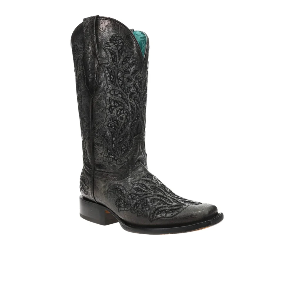 Glitter Inlay Embroidered Square Toe Pull On Cowboy Boots - Image 2