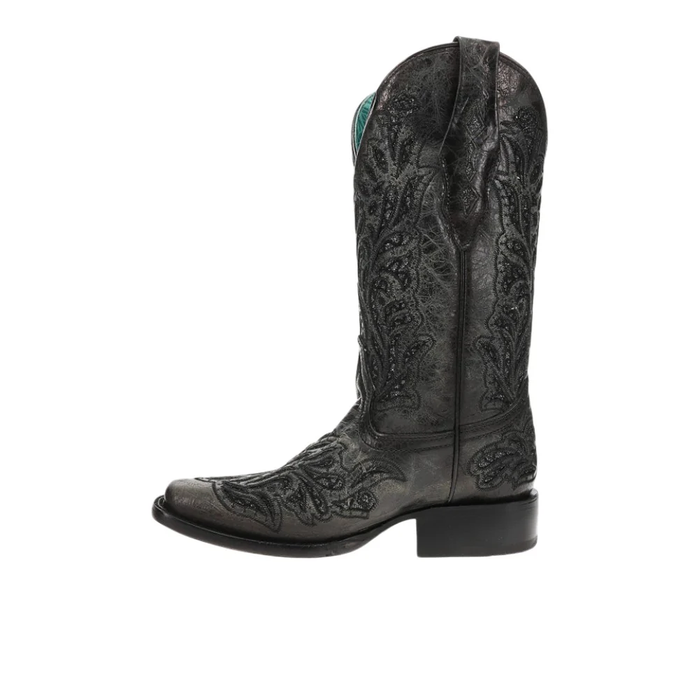Glitter Inlay Embroidered Square Toe Pull On Cowboy Boots - Image 3