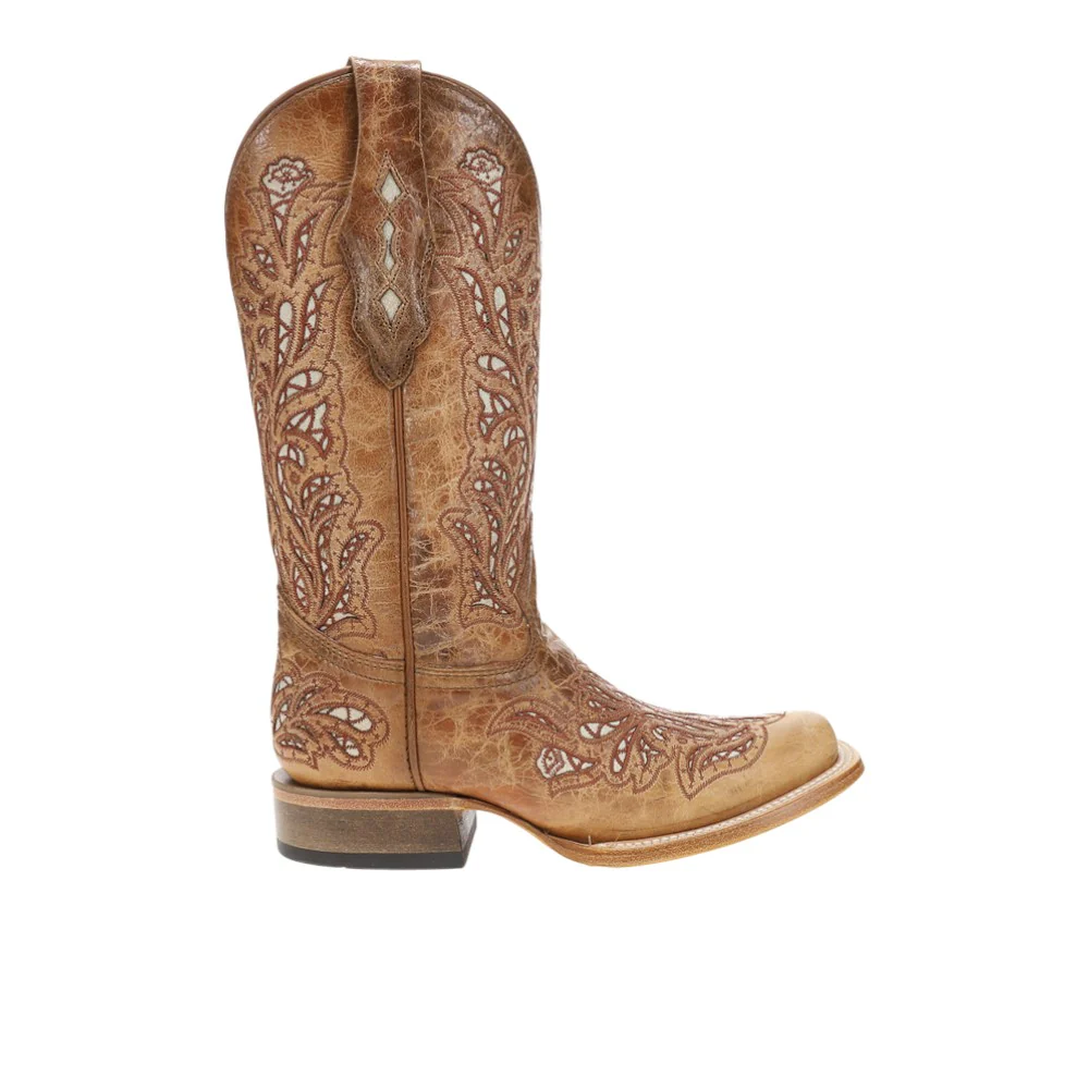 Glitter Inlay Embroidered Square Toe Pull On Cowboy Boots