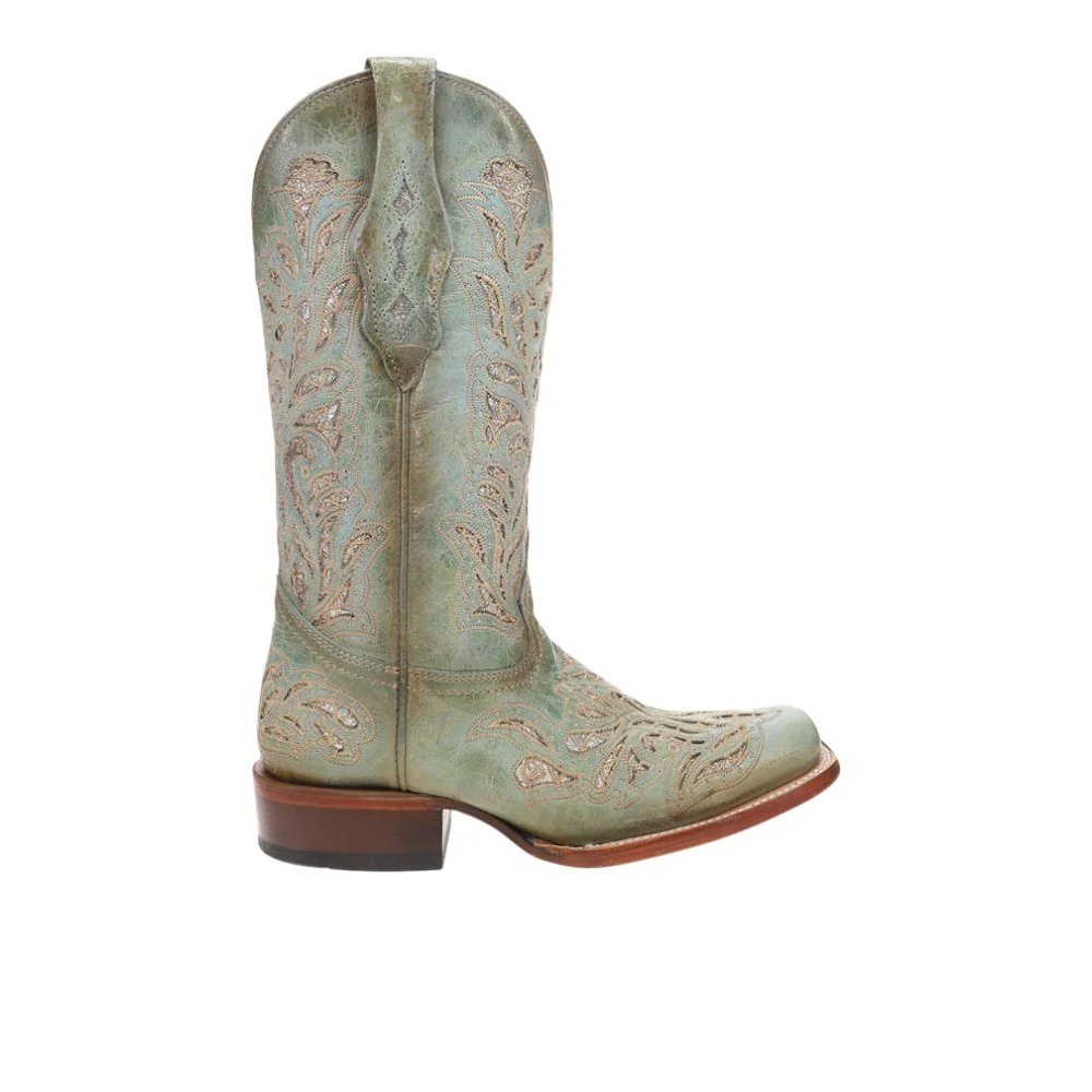 Glitter Inlay Embroidered Square Toe Pull On Cowboy Boots