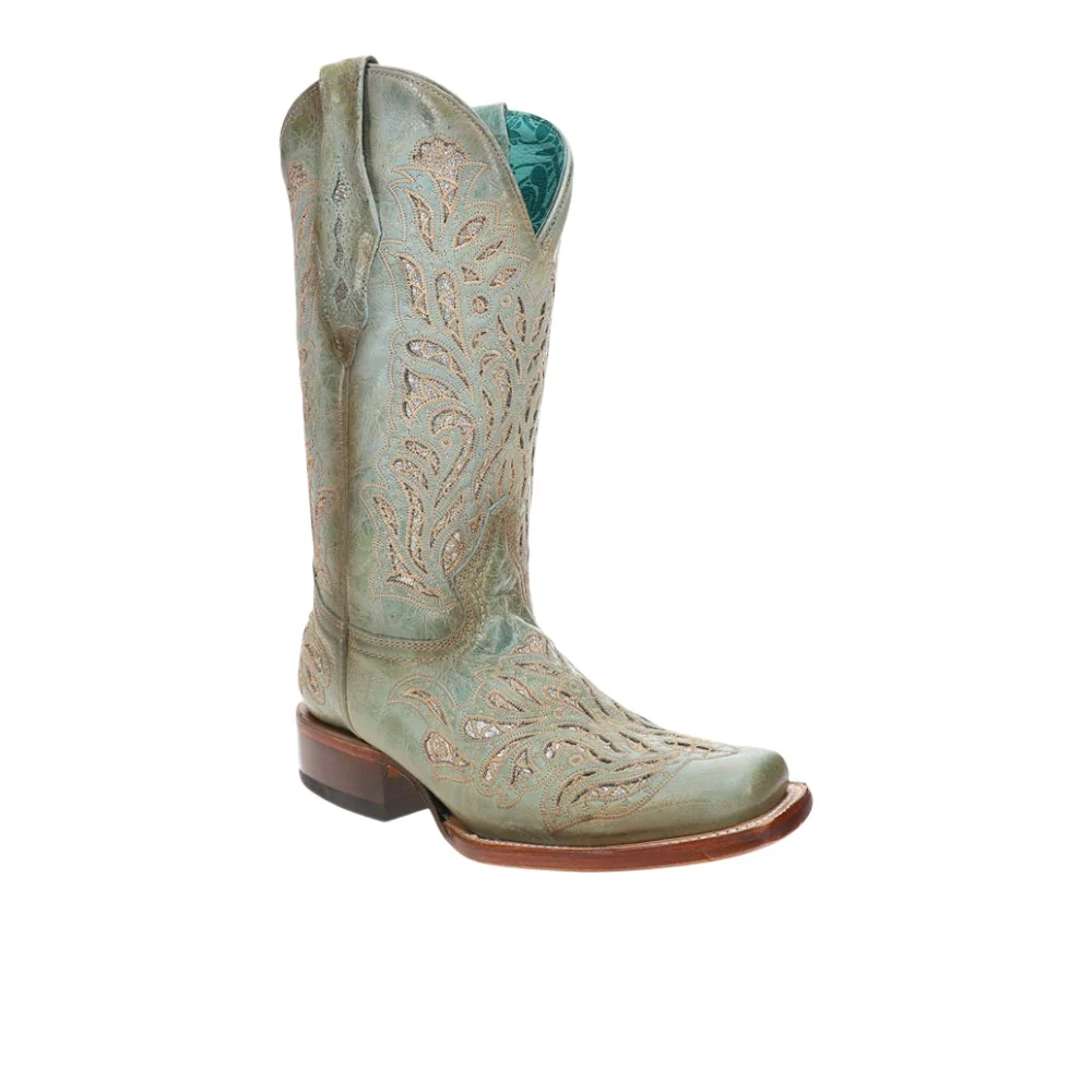 Glitter Inlay Embroidered Square Toe Pull On Cowboy Boots - Image 2