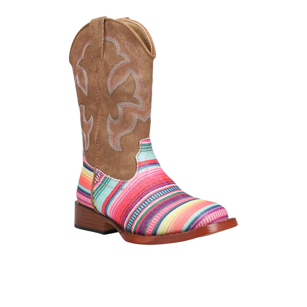 Glitter Serape Striped Embroidered Square Toe Cowboy Boots (Youth) - Image 2