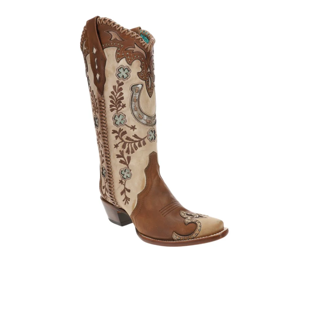 Horsehoe Overlay Handwoven Studded Pull On Snip Toe Cowboy Boots - Image 2