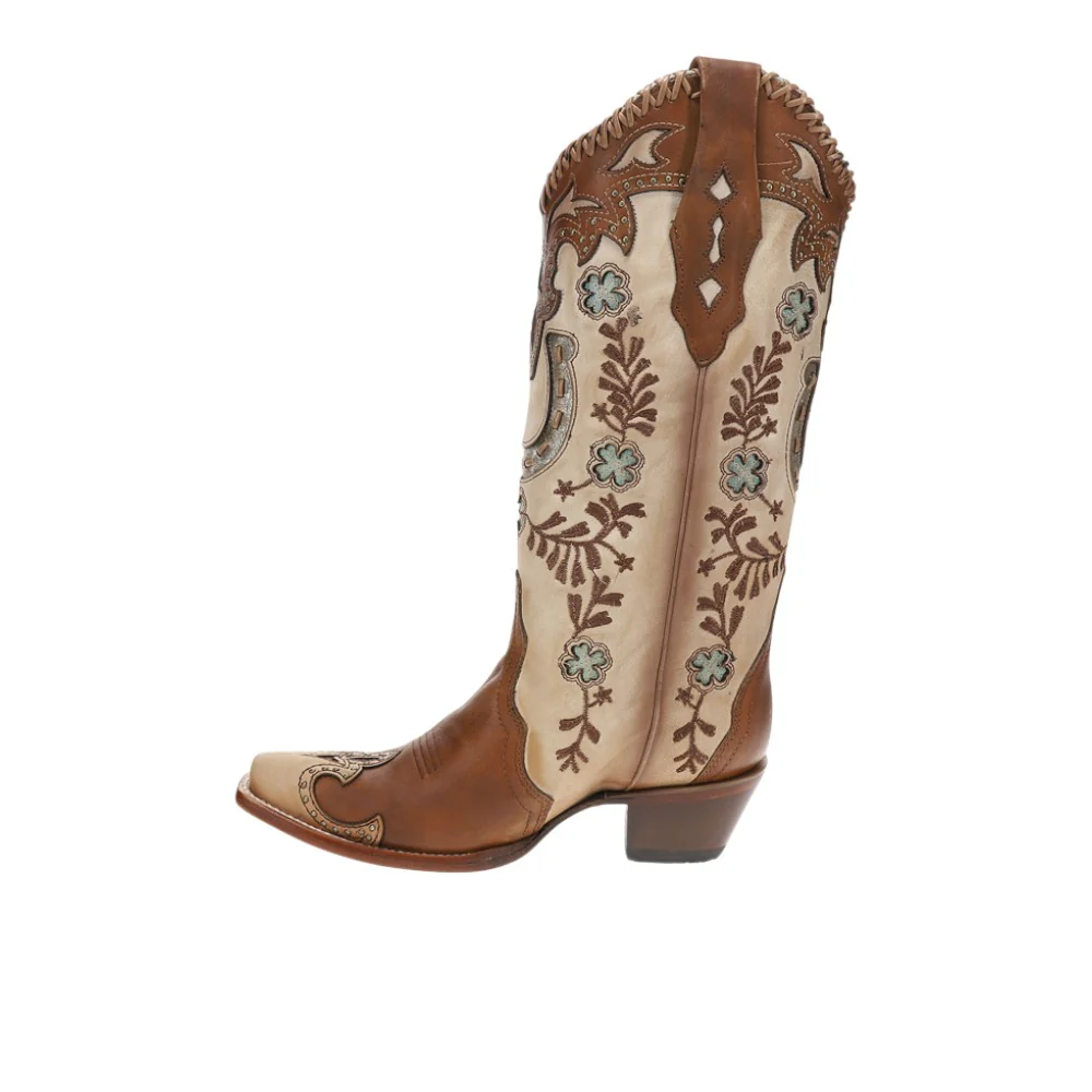 Horsehoe Overlay Handwoven Studded Pull On Snip Toe Cowboy Boots - Image 3