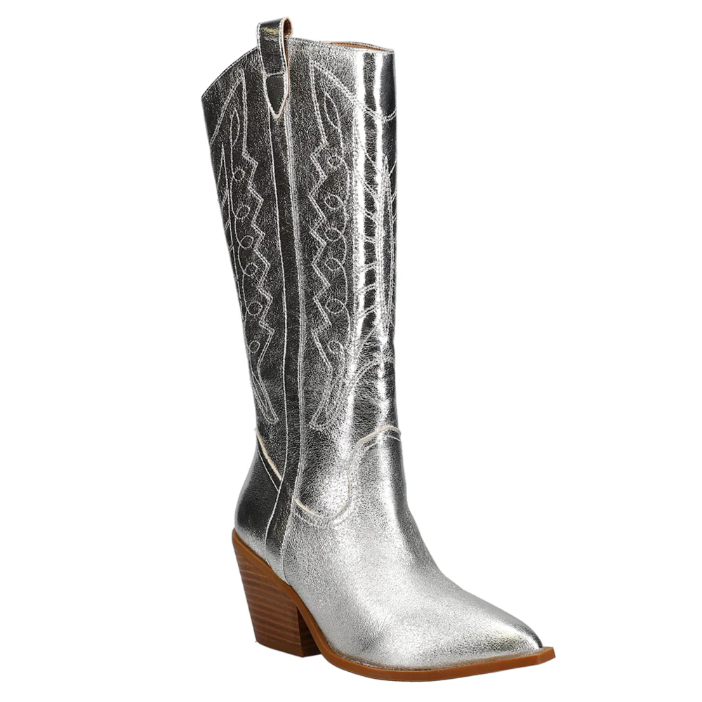 Howdy Tall Embroidered Metallic Snip Toe Zippered Cowboy Boots - Image 2