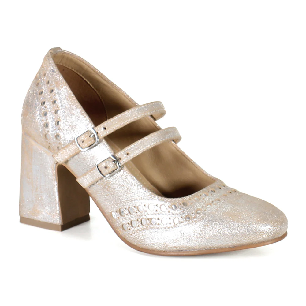 Jet Liner Metallic Mary Jane Round Toe Pumps - Image 2