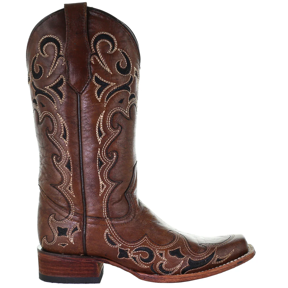 Tooled-Inlay Square Toe Pull On Cowboy Boots