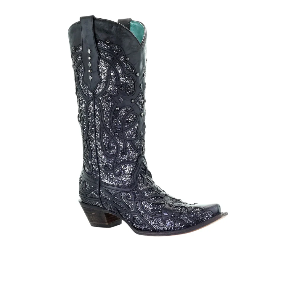 Black Glittered Inlay Snip Toe Cowboy Boots - Image 2