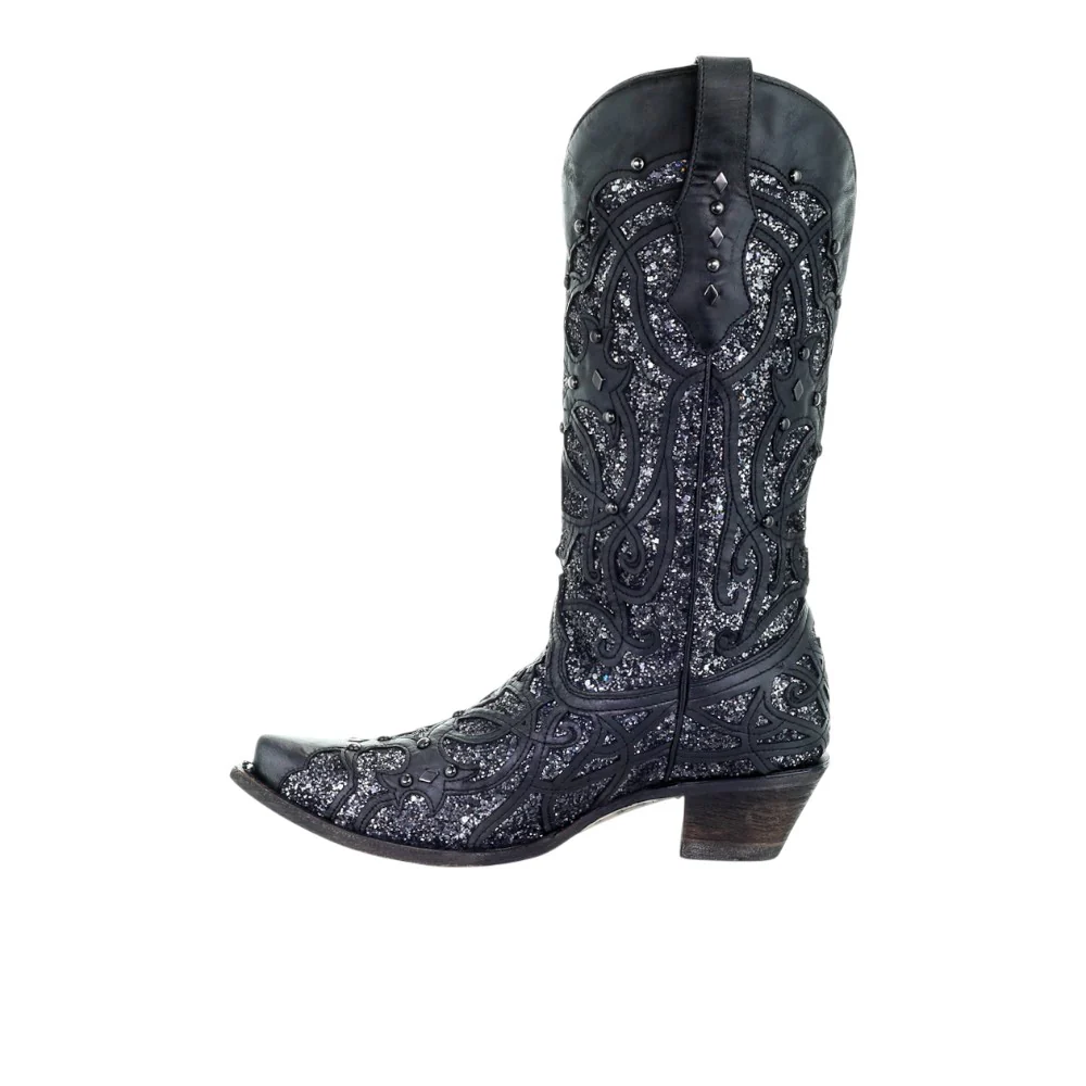 Black Glittered Inlay Snip Toe Cowboy Boots - Image 3
