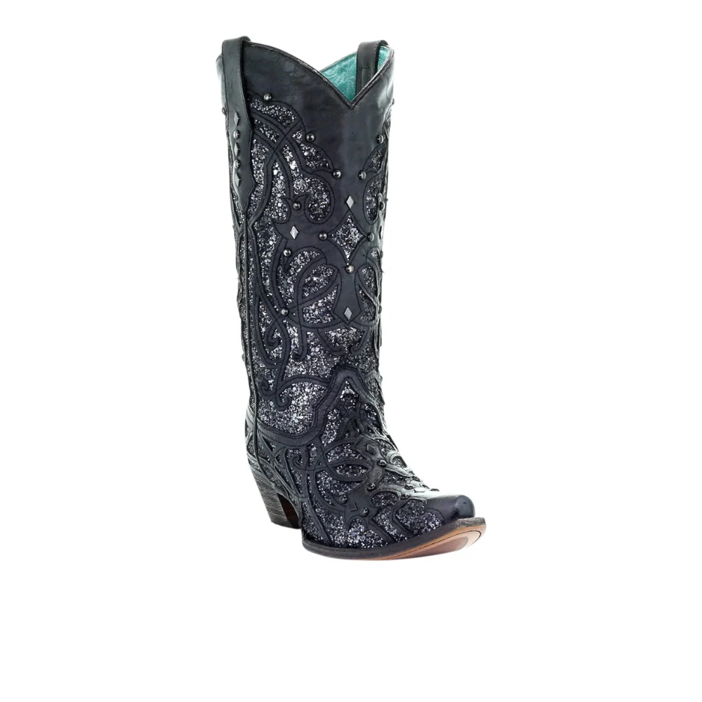Black Glittered Inlay Snip Toe Cowboy Boots - Image 4