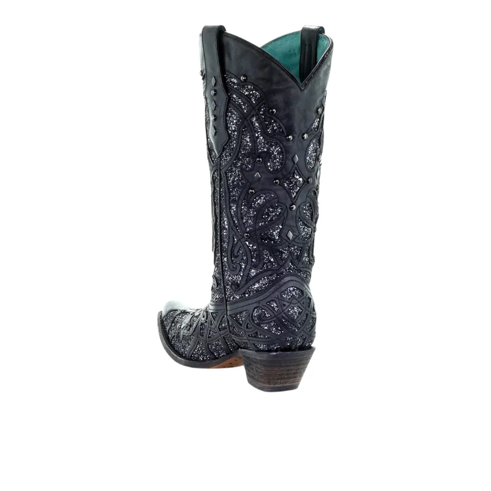 Black Glittered Inlay Snip Toe Cowboy Boots - Image 5