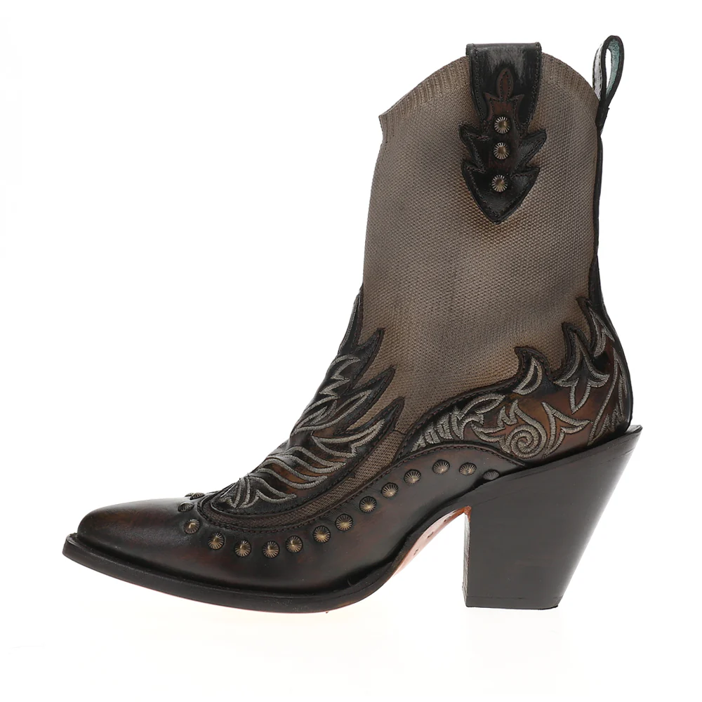 Bone Brown Overlay Embroidered Studded Pull On Snip Toe Cowboy Boots - Image 3