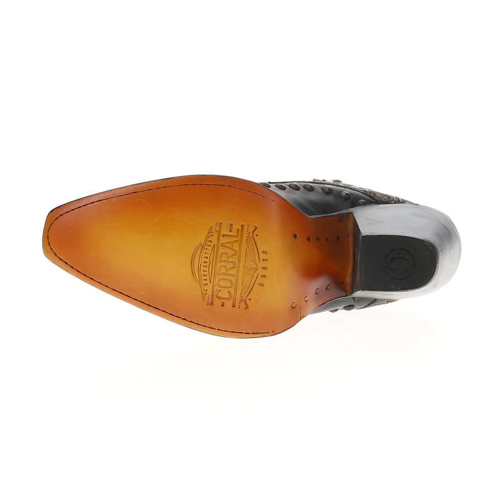Bone Brown Overlay Embroidered Studded Pull On Snip Toe Cowboy Boots - Image 5