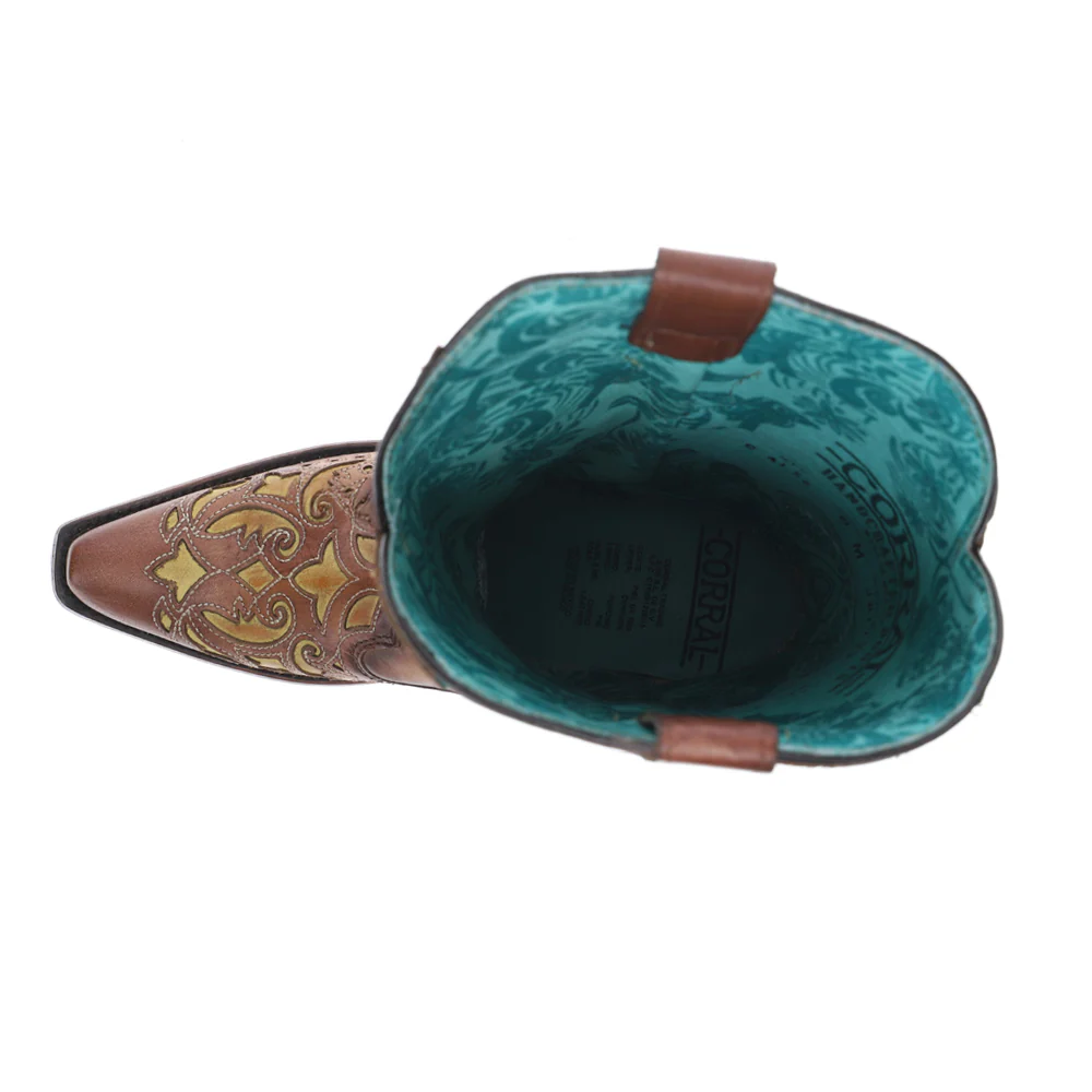 Brown Turquoise Overlay Embroidered Studded Pull On Snip Toe Cowboy Boots - Image 4